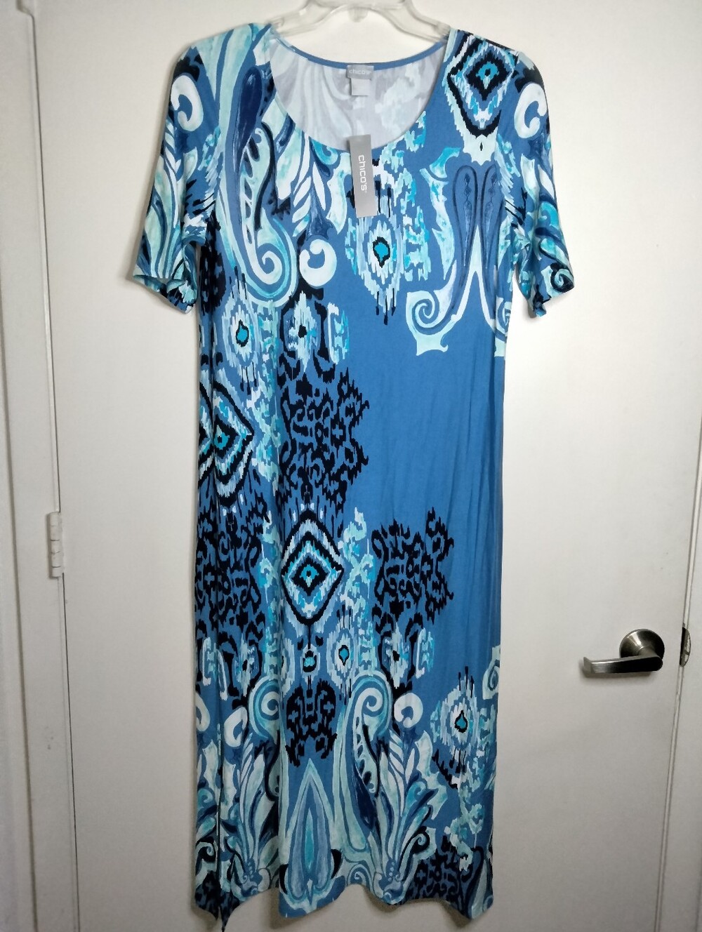 Chico's (Size 1/M/8) Blue Abstract Double Slit Elbow Sleeve Midi Dress (NEW-NWT)